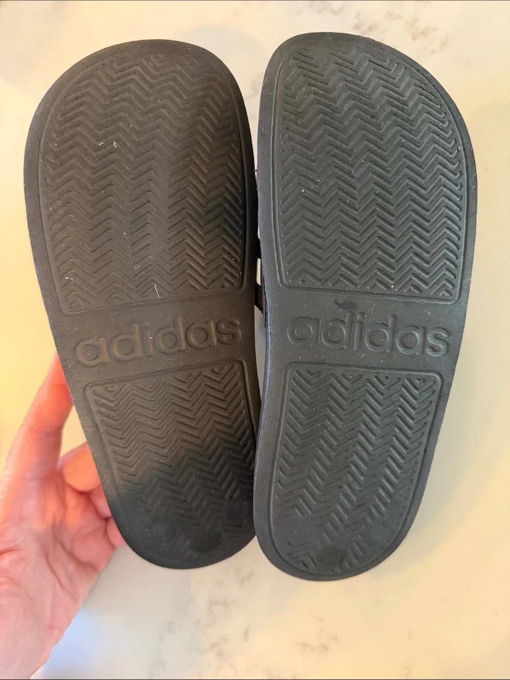 adidas Black Slide Sandals with White Stripes - Kids size 2
